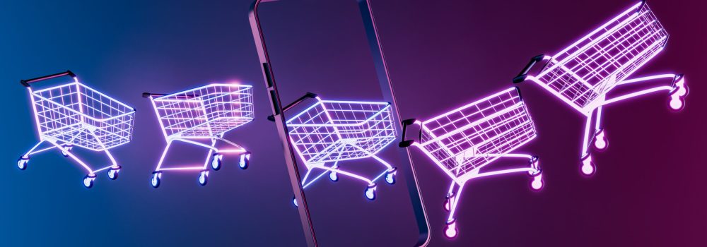 Shopping carts with a neon outline exiting a smartphone screen, symbolizing e-commerce and online shopping trends. 3D Rendering.