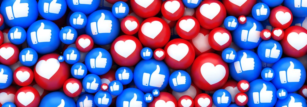 Social media icon background. Multicolor balls with heart and thumbs up symbols.