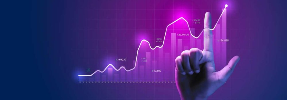 Growth financial business graph on digital metaverse technology strategy background with stock investment data market analysis or finance marketing virtual chart and global innovation future trade.